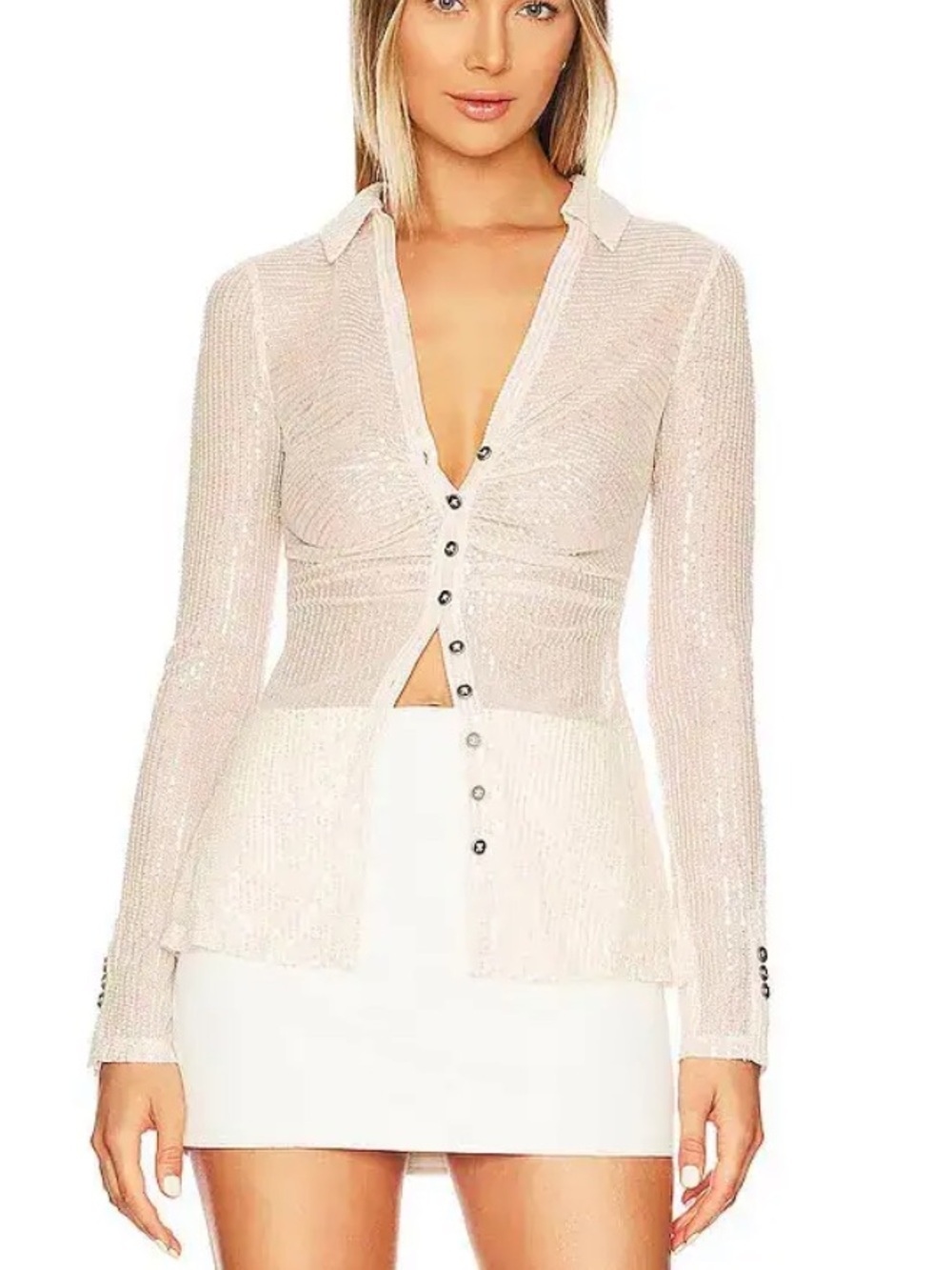 Free People sequin shirt Iridescent Cream Button Front Long Sleeve top M